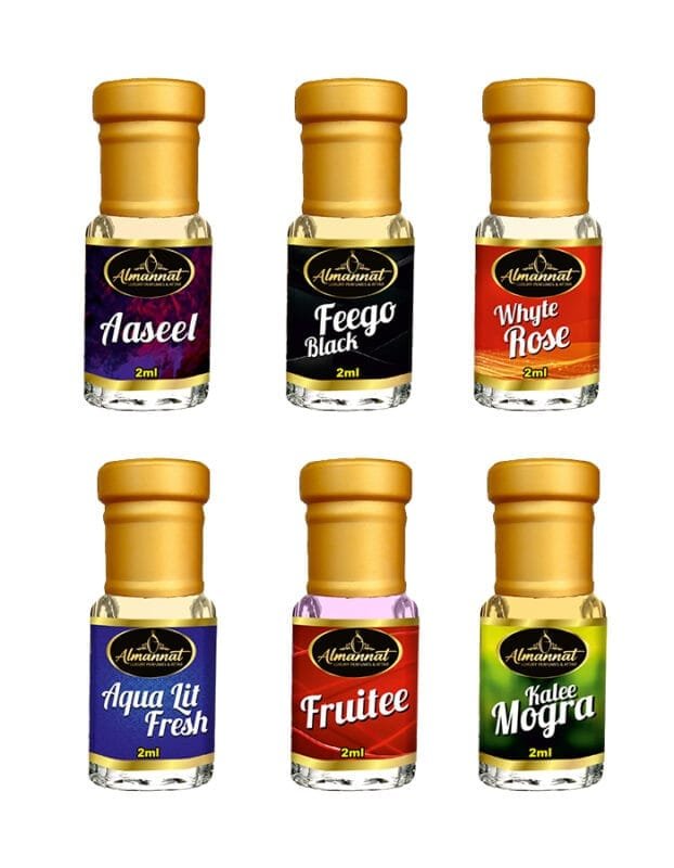 Almannat Perfume & Attar Combo – Aaseel | Feego Black | Whyte Rose | Aqua Lit Fresh | Fruitee | Kalee Mogra