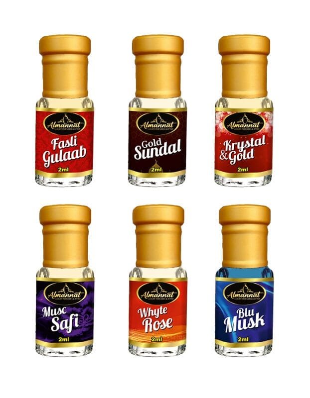 Almannat Perfume & Attar Combo – Fasli Gulaab | Gold Sundal | Krystal & Gold | Musc Safi | Whyte Rose | Blu Musk