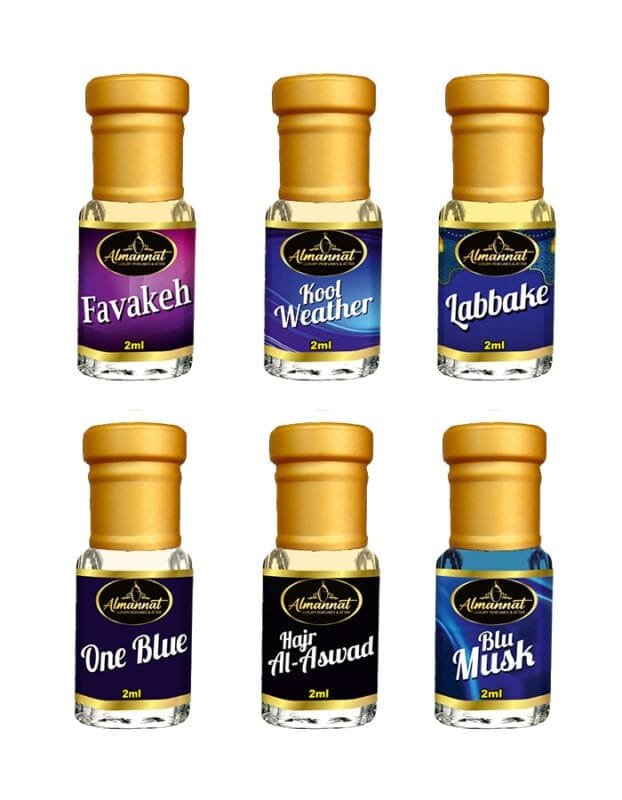 Almannat Perfume & Attar Combo – Favakeh | Kool Weather | Labbake | One Blue | Hajr Al Aswad | Blu Musk