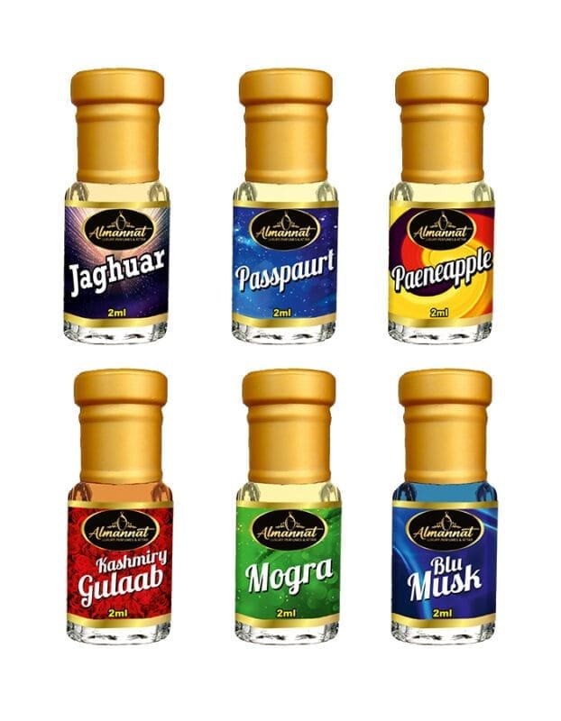 Almannat Perfume & Attar Combo – Jaghuar | Passpaurt | Paeneapple | Kashmiry Gulaab | Mogra | Blu Musk