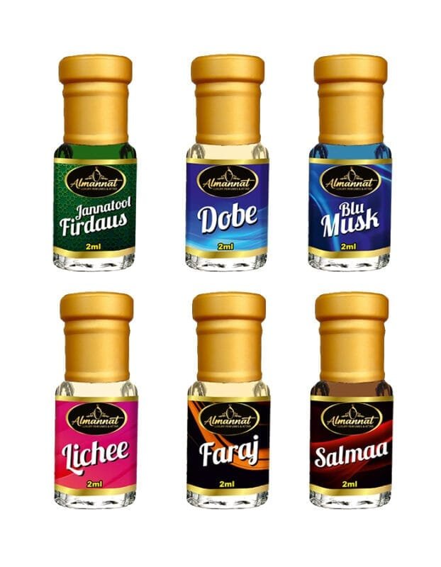 Almannat Perfume & Attar Combo – Jannatool Firdaus | Dobe | Blu Musk | Lichee | Faraj | Salmaa