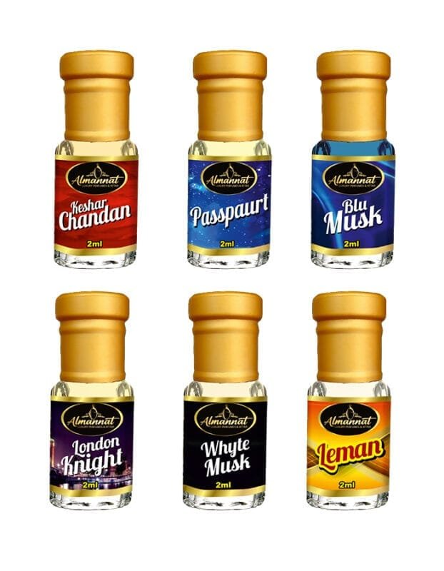 Almannat Perfume & Attar Combo – Keshar Chandan | Passpaurt | Blu Musk | London Knight | Whyte Musk | Leman