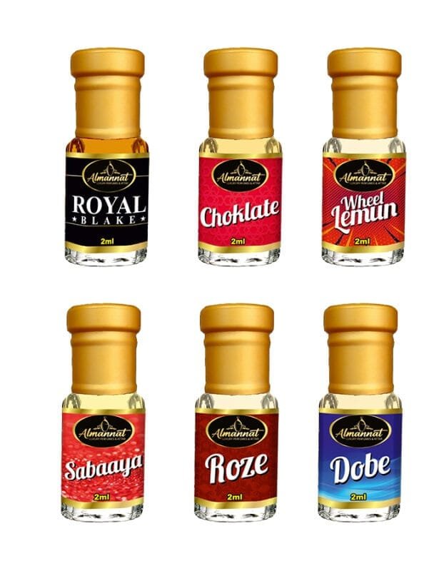 Almannat Perfume & Attar Combo – Royal Blake | Choklate | Wheel Lemun | Sabaaya | Roze | Dobe