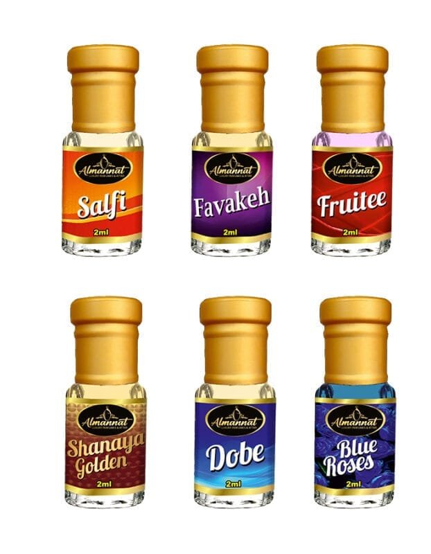 Almannat Perfume & Attar Combo – Salfi | Favakeh | Fruitee | Shanaya Golden | Dobe | Blue Roses