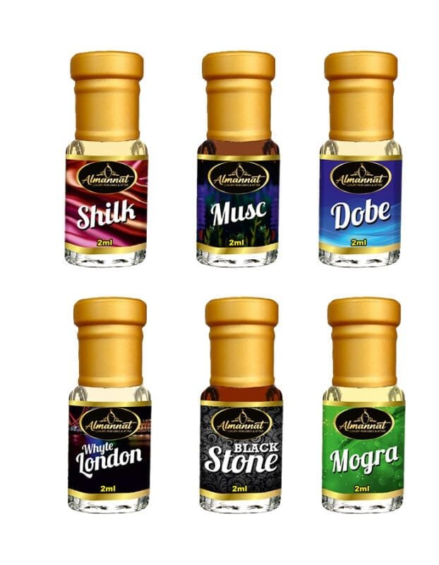 Almannat Perfume & Attar Combo – Shilk | Musc | Dobe | Whyte London | Black Stone | Mogra