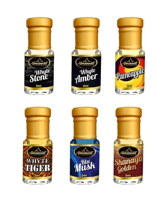Almannat Perfume & Attar Combo –Whyte Stone|Whyte Amber|Paeneapple|Whyte Tiger|Blu Musk|Shanaya Golden
