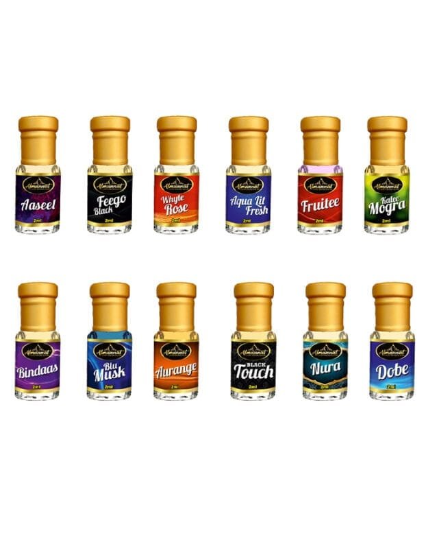 Almannat Perfume & Attar Combo – Aaseel|Feego Black|Whyte Rose|Aqua Lit Fresh|Fruitee|Kalee Mogra|Bindaas|Blu Musk|Aurange|Black Touch|Nura|Dobe