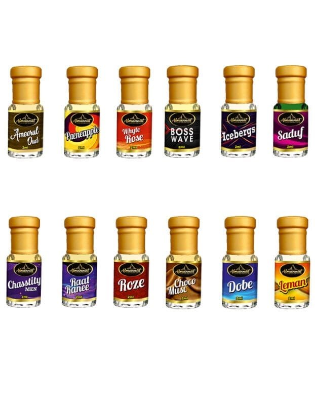 Almannat Perfume & Attar Combo –Ameerul Oud|Paeneapple|Whyte Rose|Boss Wave|Icebergs|Saduf|Chasstity Men|Raat Ranee|Roze|Choco Musc|Dobe|Leman