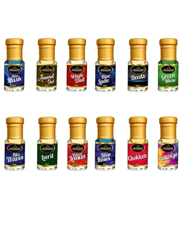 Almannat Perfume & Attar Combo – Blu Musk|Ameerul Oud|Whyte Oud|Blu Waves|Leeril|Wheel Lemun|Blue ladie|Deeds|Green Musc|Blue Roses|Choklate|Fantasiya