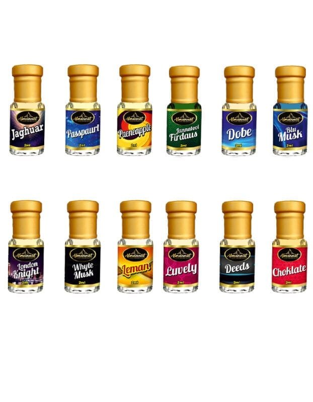 Almannat Perfume & Attar Combo – Jaghuar|Passpaurt|Paeneapple|Jannatool Firdaus|Dobe|Blu Musk|London Knight|Whyte Musk|Leman|Luvely|Deeds|Choklate