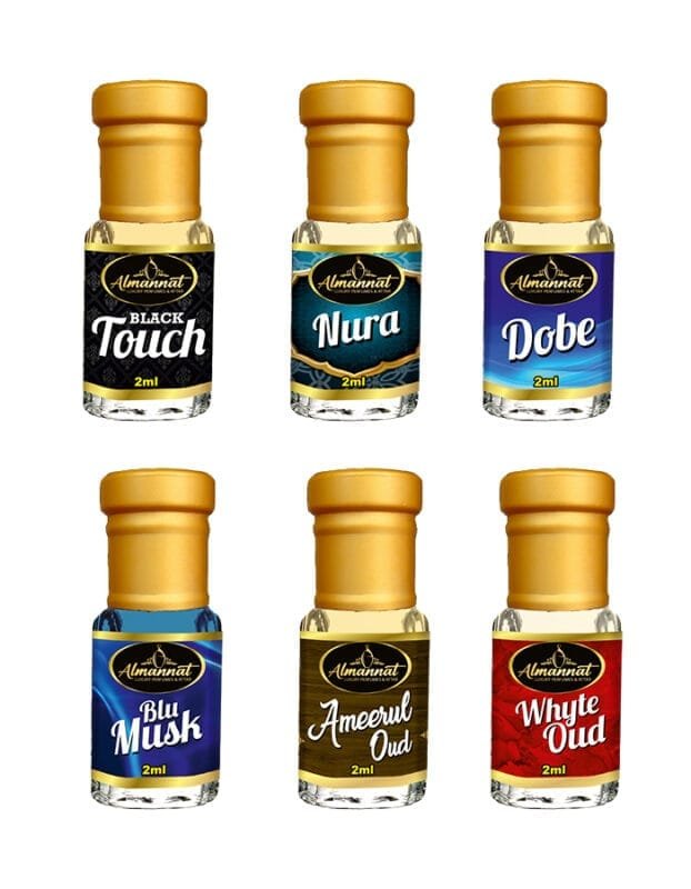 Almannat Perfume & Attar Combo – Black Touch | Nura | Dobe | Blu Musk | Ameerul Oud | Whyte Oud
