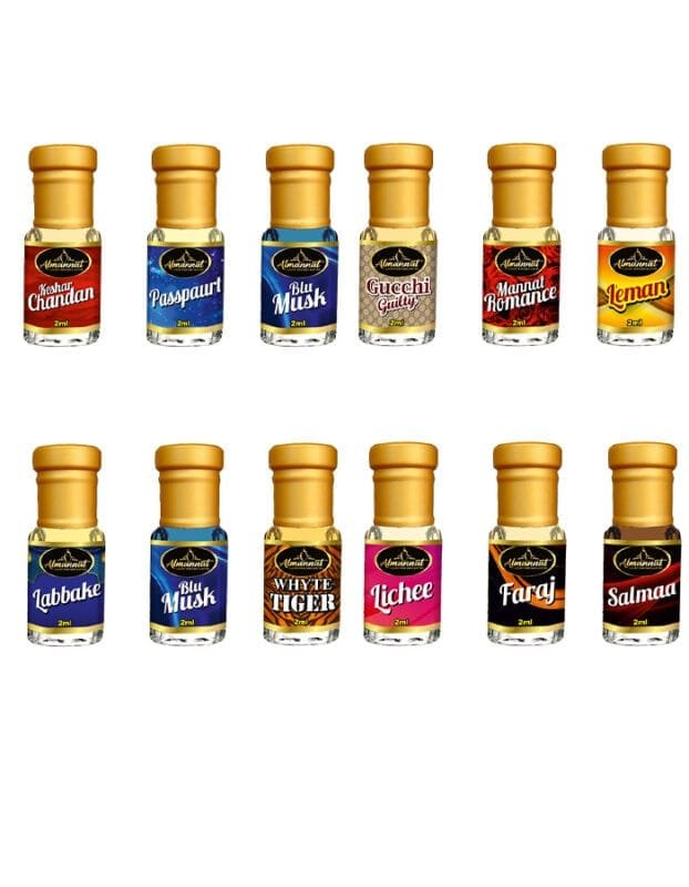 Almannat Perfume & Attar Combo – Keshar Chandan|Passpaurt|Blu Musk|Gucchi Guilty|Mannat Romance|Leman|Labbake|Whyte Tiger|Blue Roses|Lichee|Faraj|Salmaa