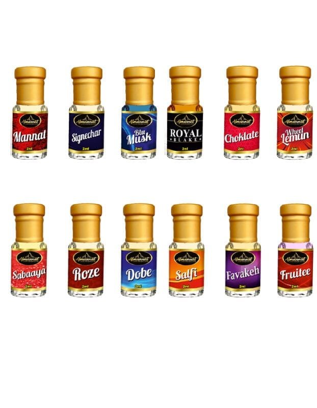 Almannat Perfume & Attar Combo – Mannat|Signechar|Blu Musk|Royal Blake|Choklate|Wheel Lemun|Sabaaya|Roze|Dobe|Salfi|Favakeh|Fruitee