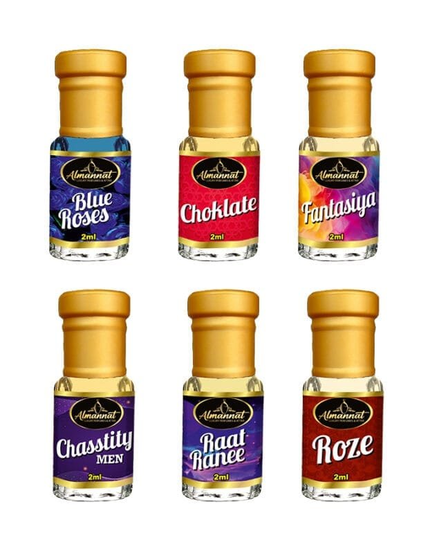Almannat Perfume & Attar Combo – Blue Roses | Choklate | Fantasiya | Chasstity Men | Raat Ranee | Roze