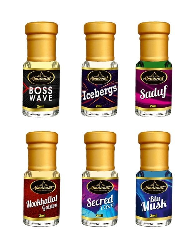 Almannat Perfume & Attar Combo – Boss Wave | Icebergs | Saduf | Mookhallat Golden | Secred Love | Blu Musk