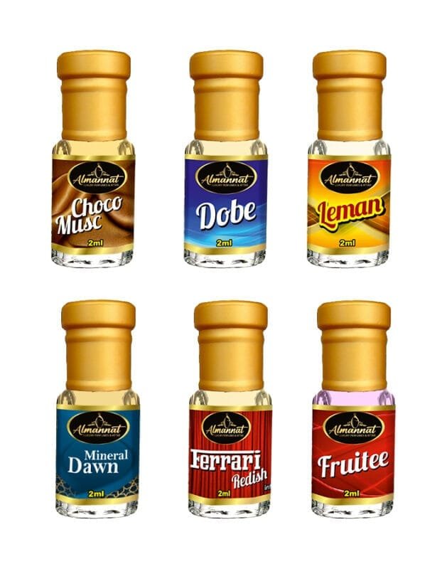 Almannat Perfume & Attar Combo – Choco Musc | Dobe | Leman | CK1 | Ferrari Redish | Fruitee